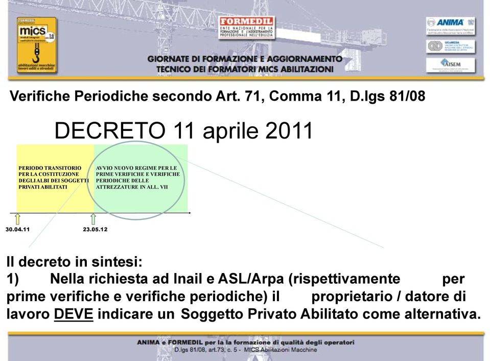 NUOVO REGIME PER LE PRIME VERIFICHE E VERIFICHE PERIODICHE DELLE ATTREZZATURE IN ALL. VII 30.04.11 23.05.