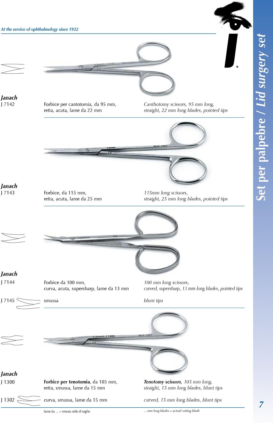 13 mm 100 mm long scissors, curved, supersharp, 13 mm long blades, pointed tips J 7145 smussa blunt tips J 1300 Forbice per tenotomia, da 105 mm, retta, smussa, lame da 15 mm Tenotomy scissors, 105