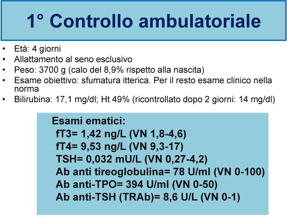 Per il resto esame clinico nella norma Bilirubina: 17,1 mg/dl; Ht 49% (ricontrollato dopo 2 giorni: 14 mg/dl) Esami