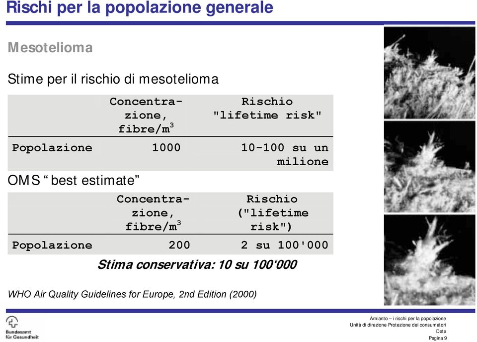 best estimate Concentrazione, fibre/m 3 Rischio ("lifetime risk") Popolazione 200 2 su