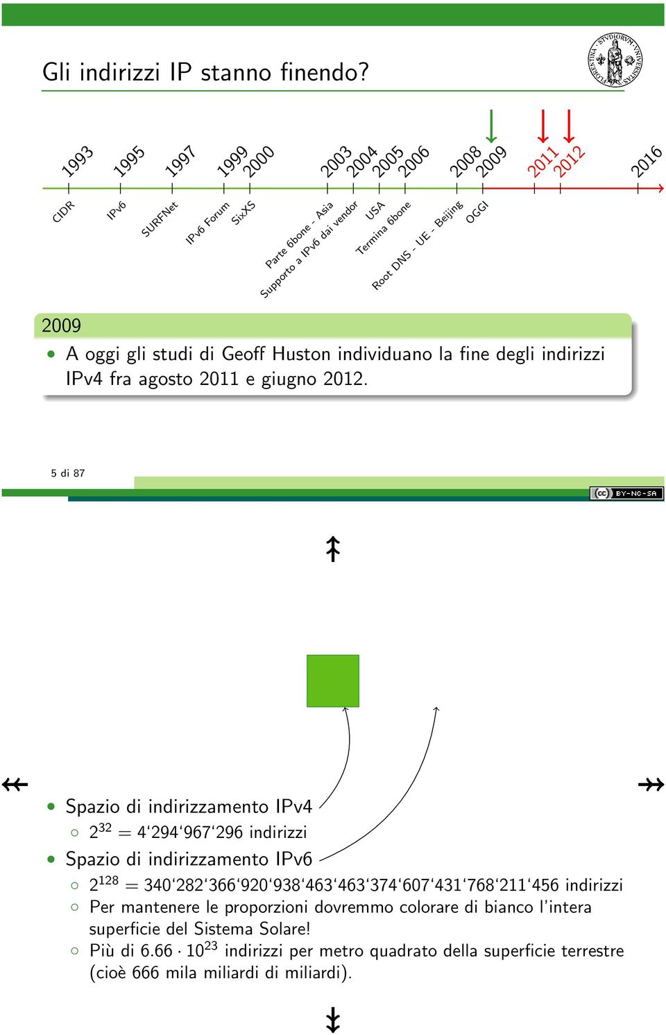 2009 OGGI 2011 2012 A oggi gli studi di Geoff Huston individuano la fine degli indirizzi IPv4 fra agosto 2011 e giugno 2012.