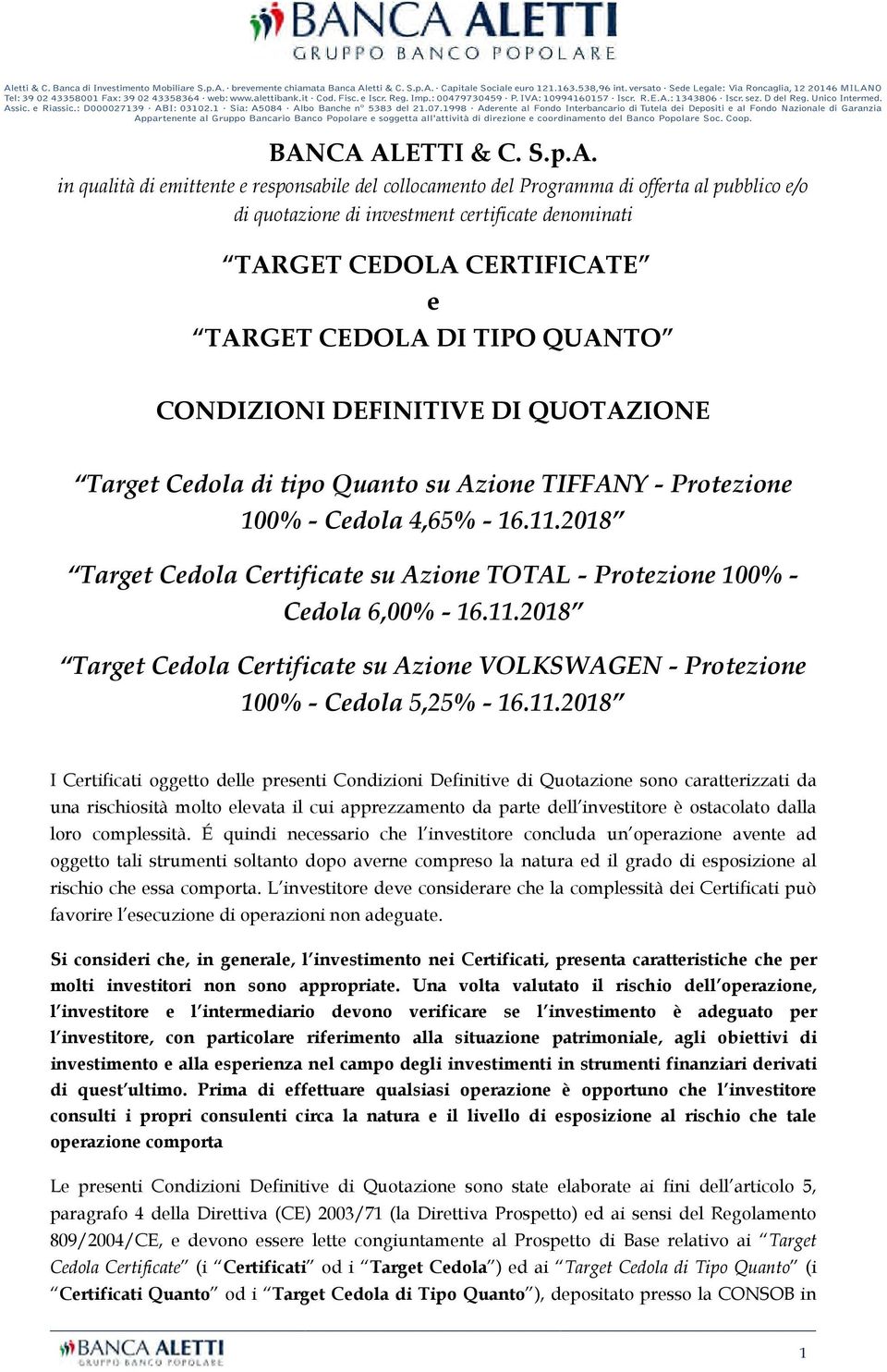 2018 Target Cedola Certificate su Azione TOTAL - Protezione 100% - Cedola 6,00% - 16.11.
