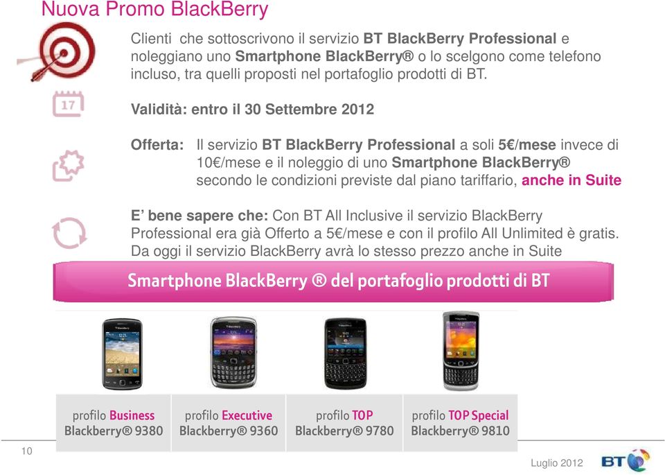Validità: entro il 30 Settembre 2012 Offerta: Il servizio BT BlackBerry Professional a soli 5 /mese invece di 10 /mese e il noleggio di uno Smartphone BlackBerry secondo le condizioni previste dal