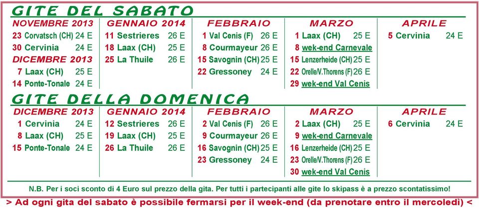 E 15 Savognin (CH) 25 E 22 Gressoney 24 E FEBBRAIO 2 Val Cenis (F) 26 E 9 Courmayeur 26 E 16 Savognin (CH) 25 E 23 Gressoney 24 E MARZO 1 Laax (CH) 25 E 8 wek-end Carnevale 15 Lenzerheide (CH) 25 E