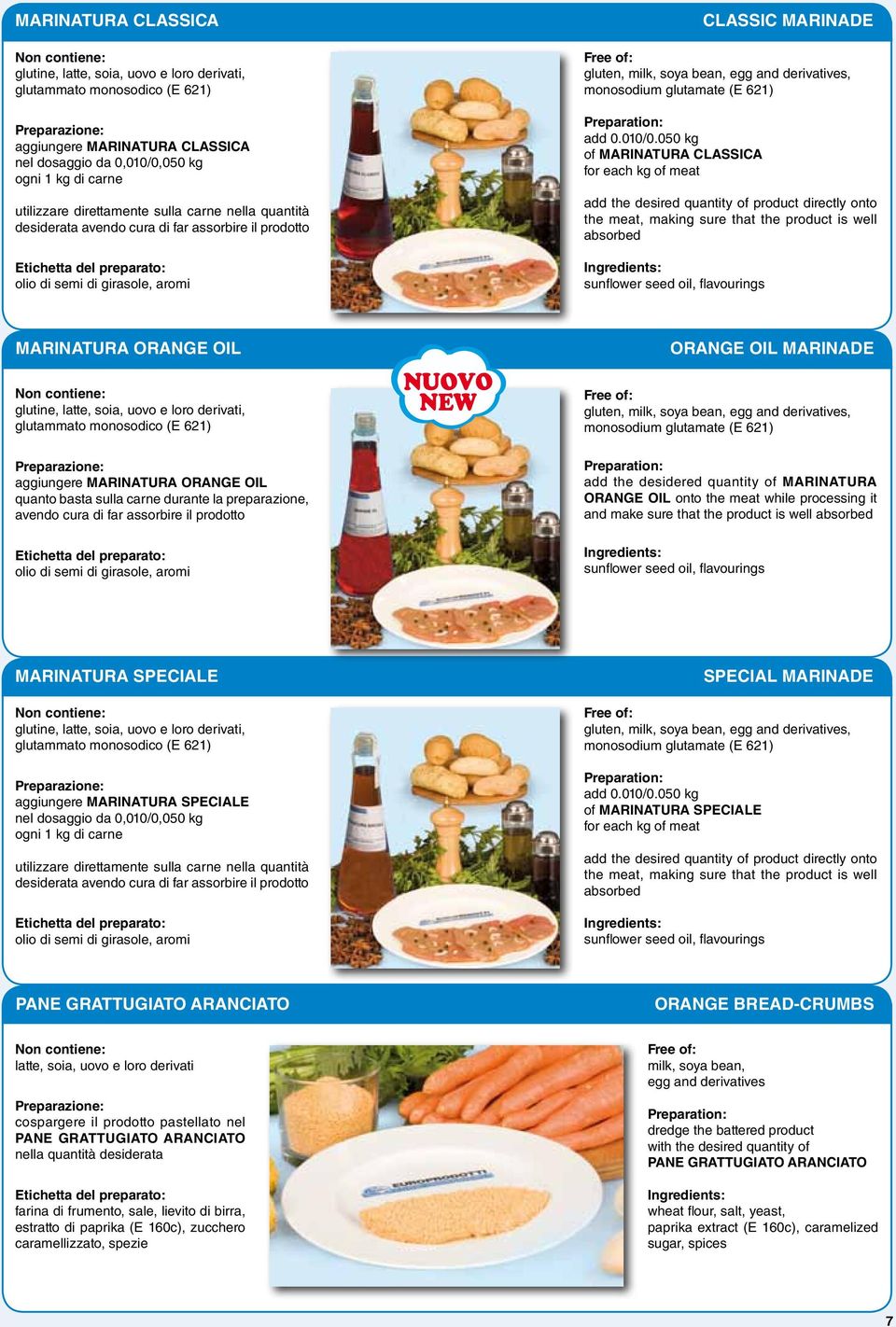050 kg of MARINATURA CLASSICA for each kg of meat add the desired quantity of product directly onto the meat, making sure that the product is well absorbed sunflower seed oil, flavourings CLASSIC
