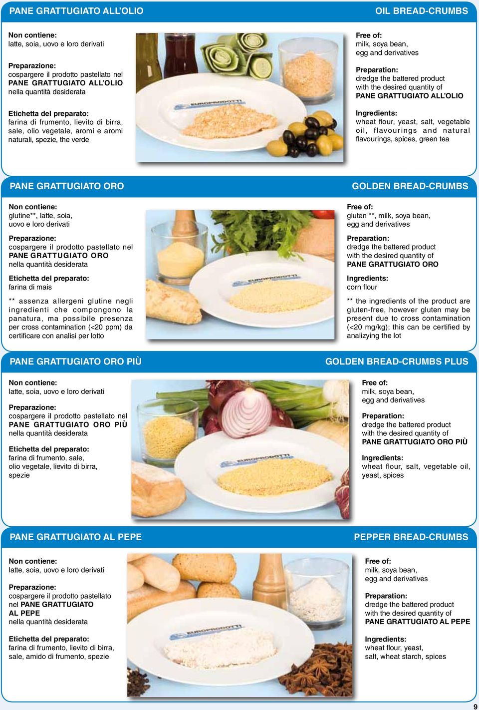 flour, yeast, salt, vegetable oil, flavourings and natural flavourings, spices, green tea PANE GRATTUGIATO ORO glutine**, latte, soia, uovo e loro derivati cospargere il prodotto pastellato nel PANE