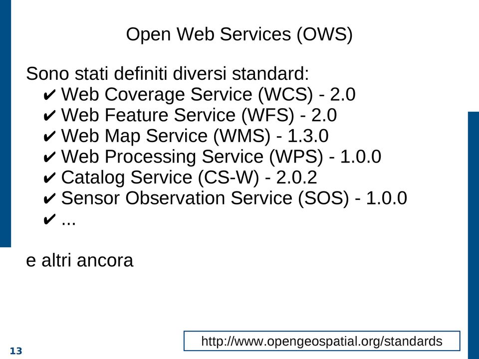 0 Web Processing Service (WPS) - 1.0.0 Catalog Service (CS-W) - 2.0.2 Sensor Observation Service (SOS) - 1.