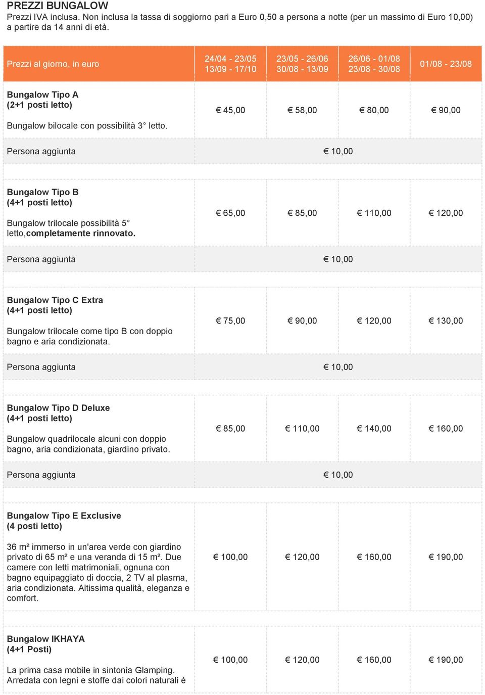 45,00 58,00 80,00 90,00 Bungalow Tipo B Bungalow trilocale possibilità 5 letto,completamente rinnovato.