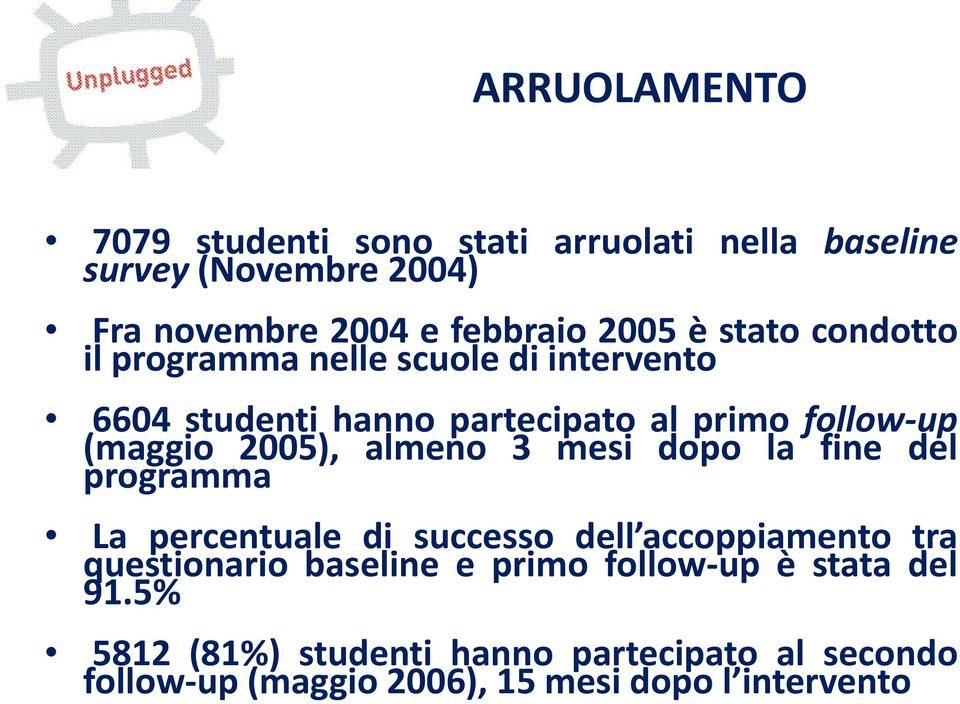 almeno 3 mesi dopo la fine del programma La percentuale di successo dell accoppiamento tra questionario baseline e primo