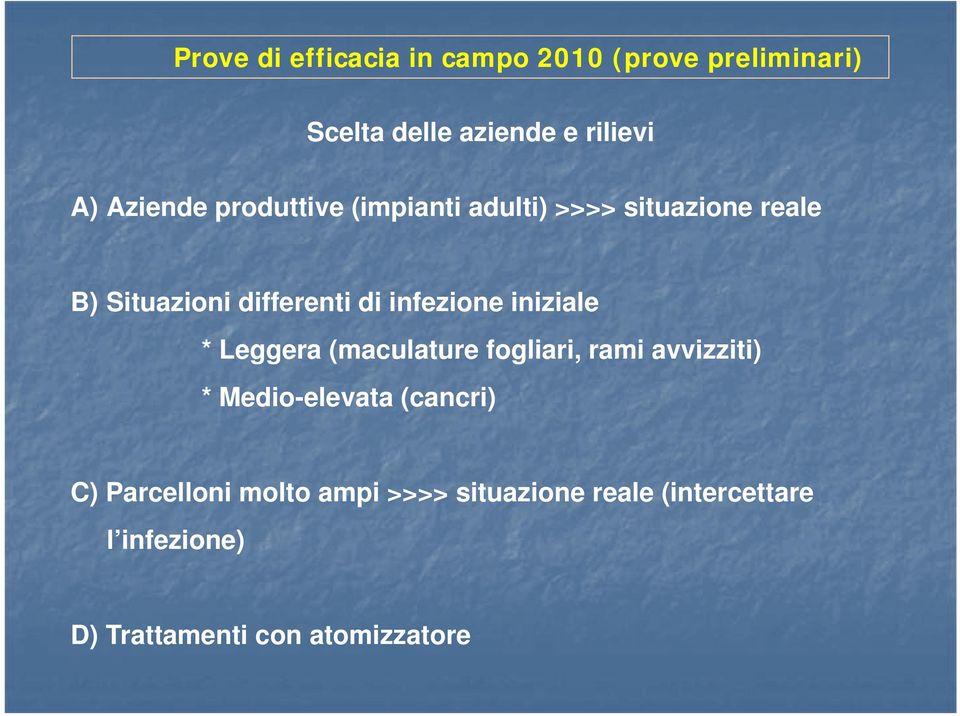 infezione iniziale * Leggera (maculature fogliari, rami avvizziti) * Medio-elevata (cancri)