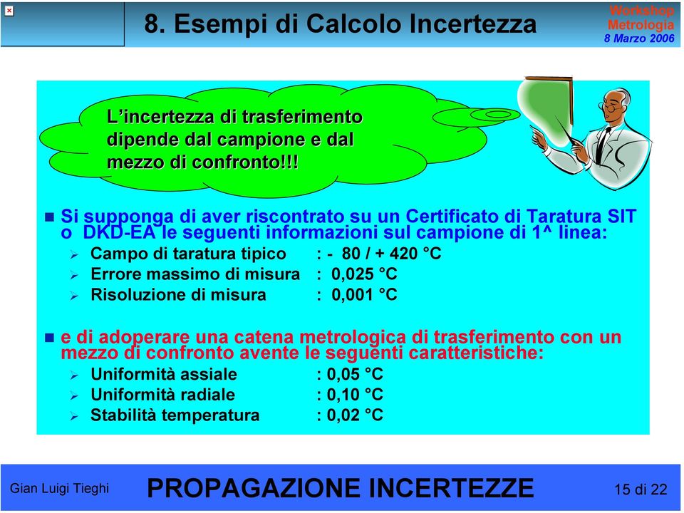 taratura tipico : - 80 / + 420 C Errore massimo di misura : 0,025 C Risoluzione di misura : 0,001 C e di adoperare una catena metrologica di