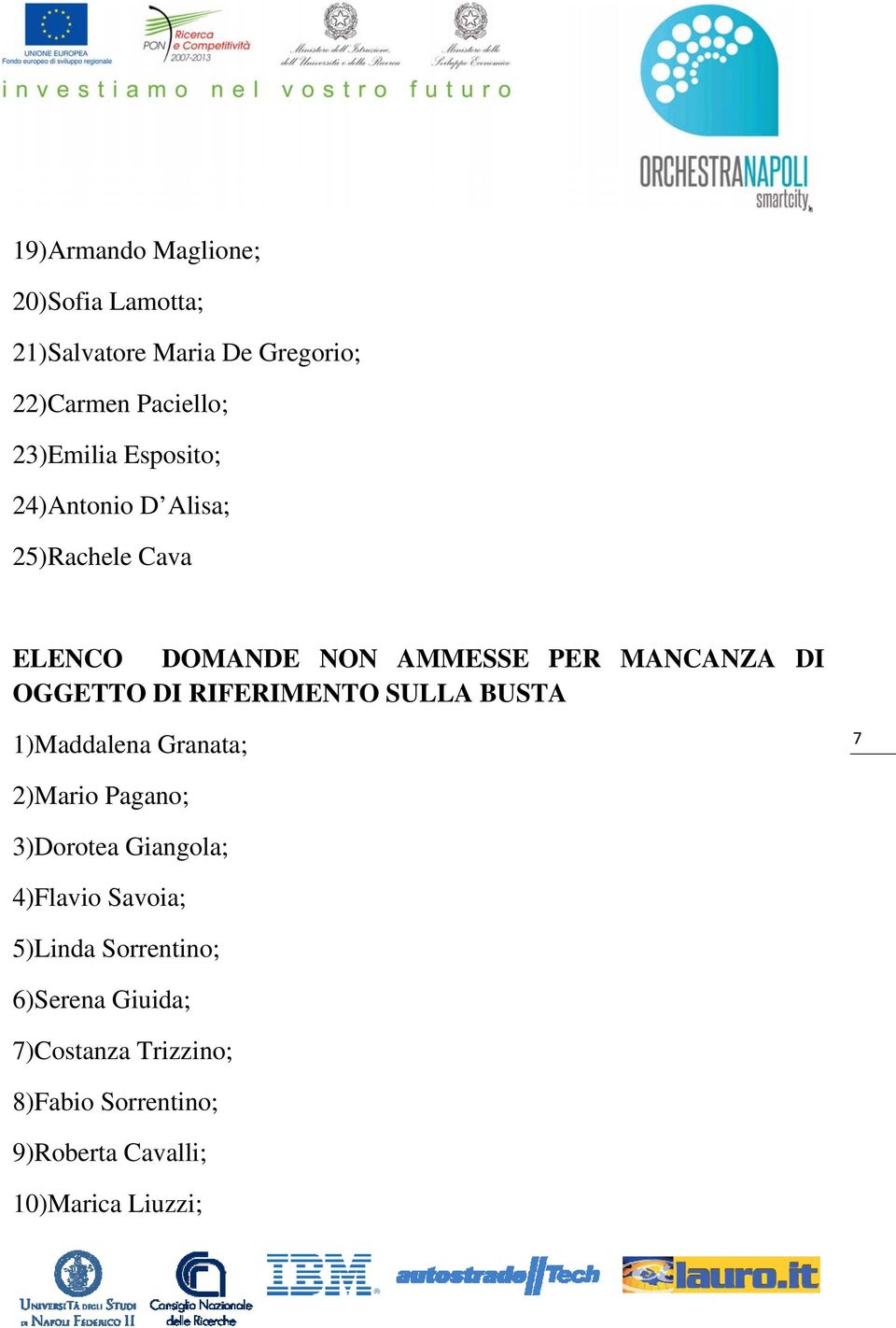 RIFERIMENTO SULLA BUSTA 1)Maddalena Granata; 7 2)Mario Pagano; 3)Dorotea Giangola; 4)Flavio Savoia;