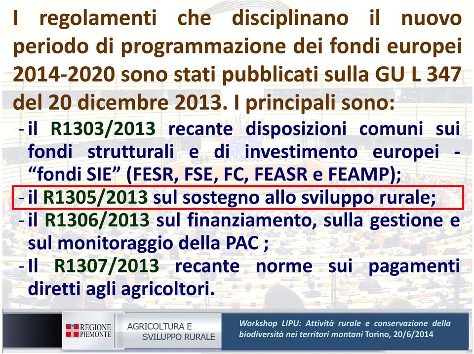 sostegno allo sviluppo rurale; il R1306/2013 sul finanziamento, sulla gestione e sul monitoraggio della PAC ; Il R1307/2013 recante norme sui pagamenti diretti agli