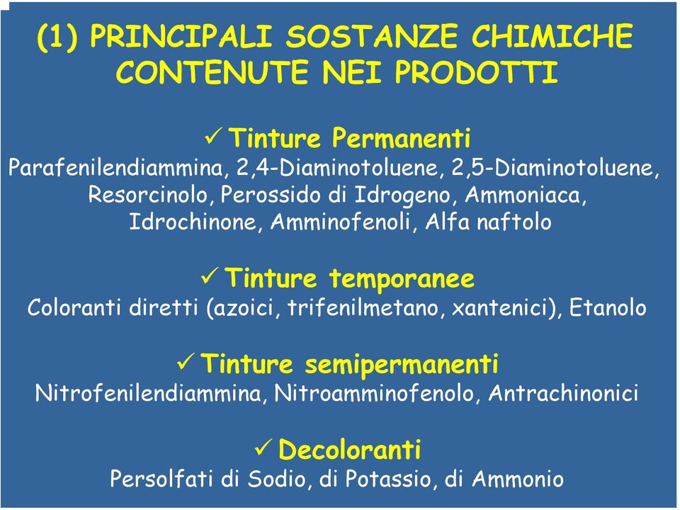 Amminofenoli, Alfa naftolo Tinture temporanee Coloranti diretti (azoici, trifenilmetano, xantenici), Etanolo