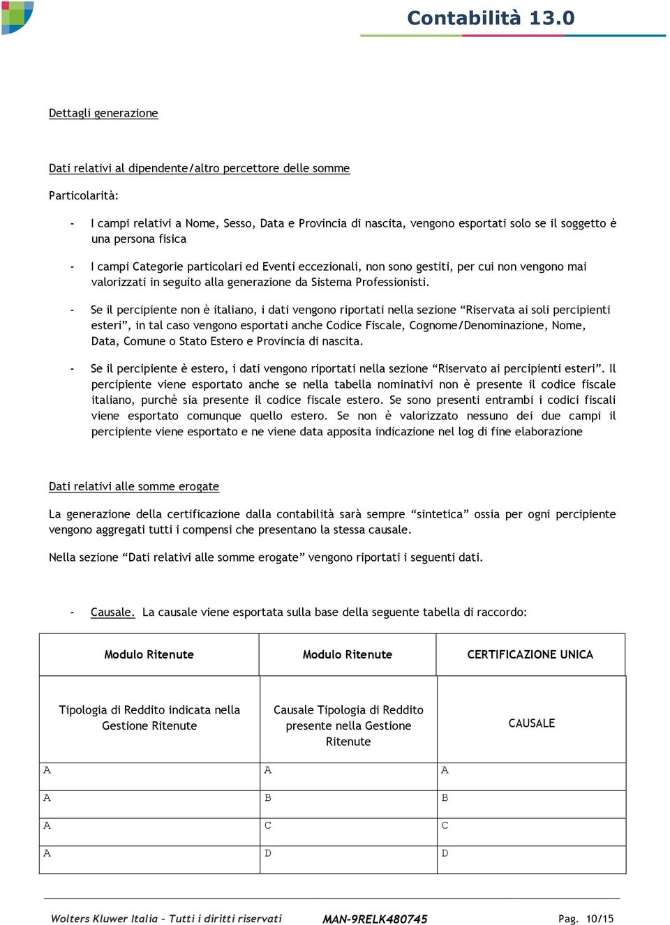 - Se il percipiente non è italiano, i dati vengono riportati nella sezione Riservata ai soli percipienti esteri, in tal caso vengono esportati anche Codice Fiscale, Cognome/Denominazione, Nome, Data,