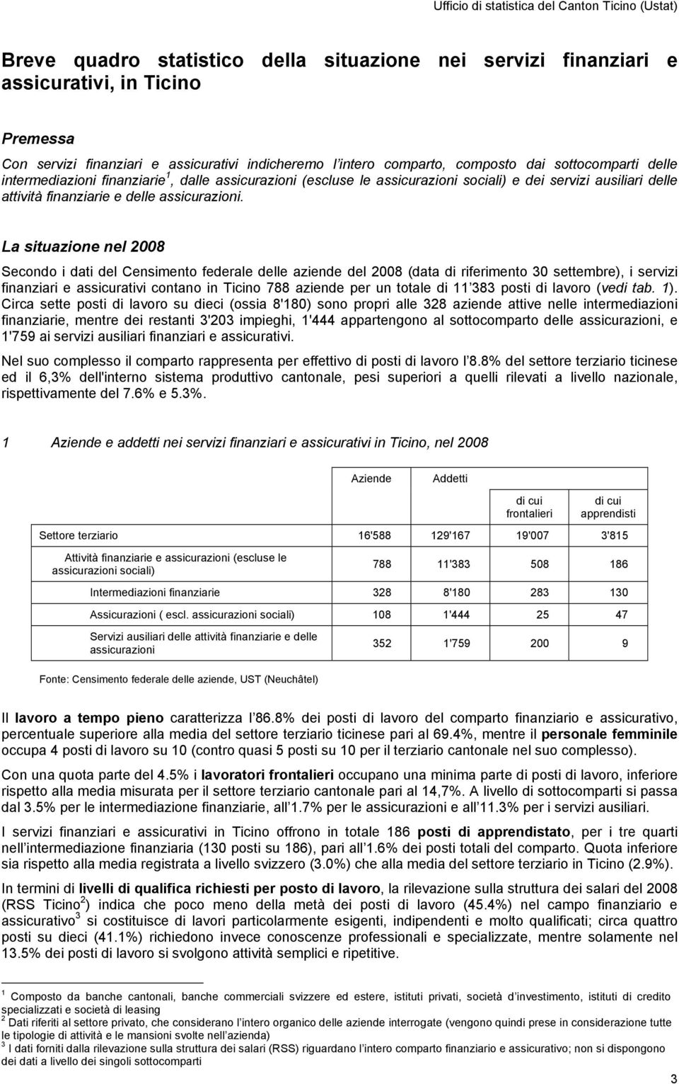 La situazione nel 28 Secondo i dati del Censimento federale delle aziende del 28 (data di riferimento 3 settembre), i servizi finanziari e assicurativi contano in Ticino 788 aziende per un totale di