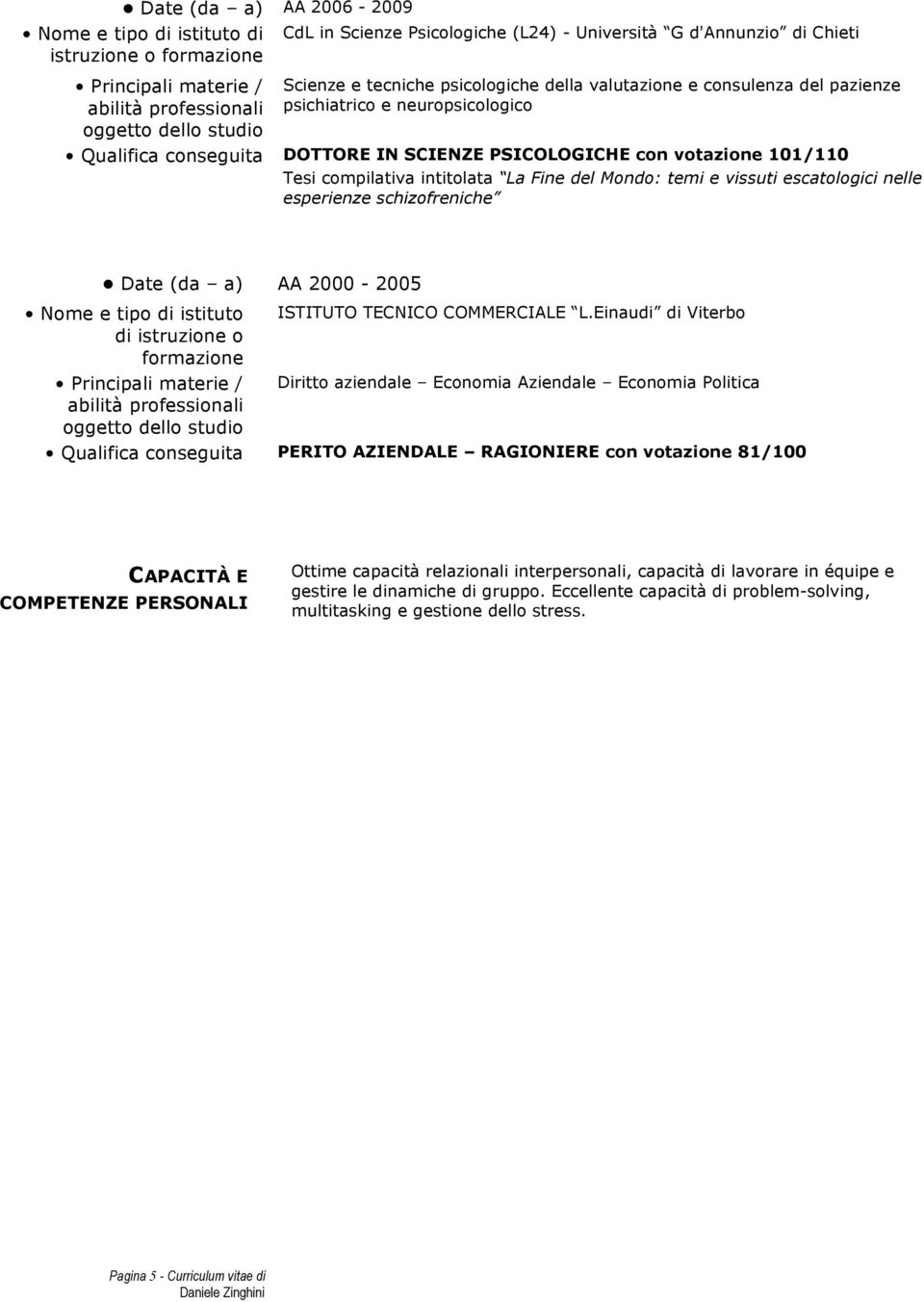 temi e vissuti escatologici nelle esperienze schizofreniche Date (da a) AA 2000-2005 Nome e tipo di istituto ISTITUTO TECNICO COMMERCIALE L.