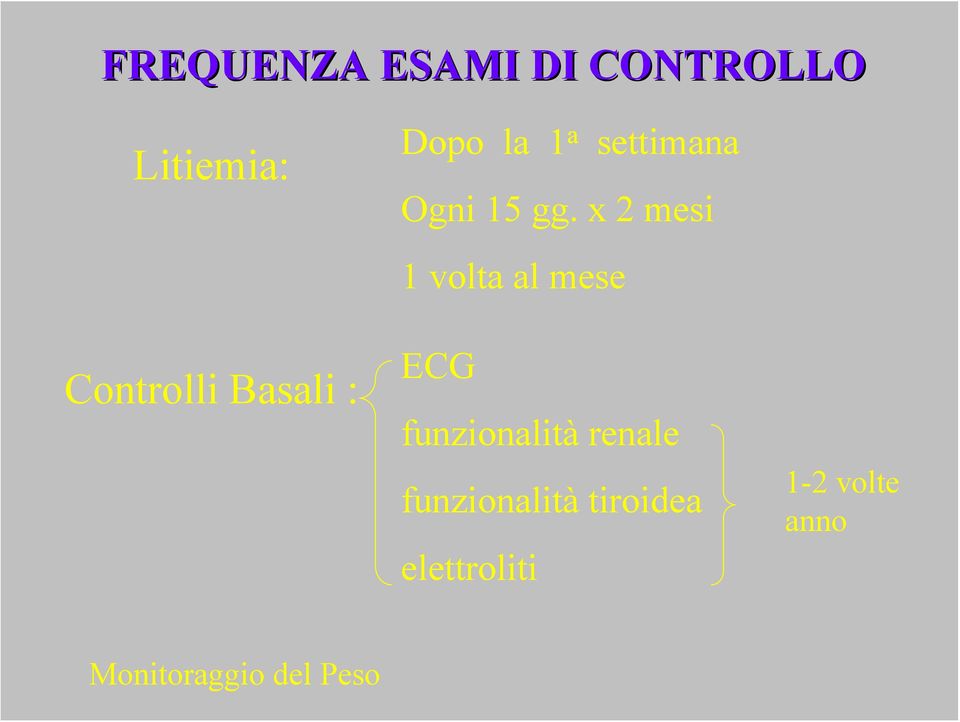 x 2 mesi 1 volta al mese ECG funzionalità renale