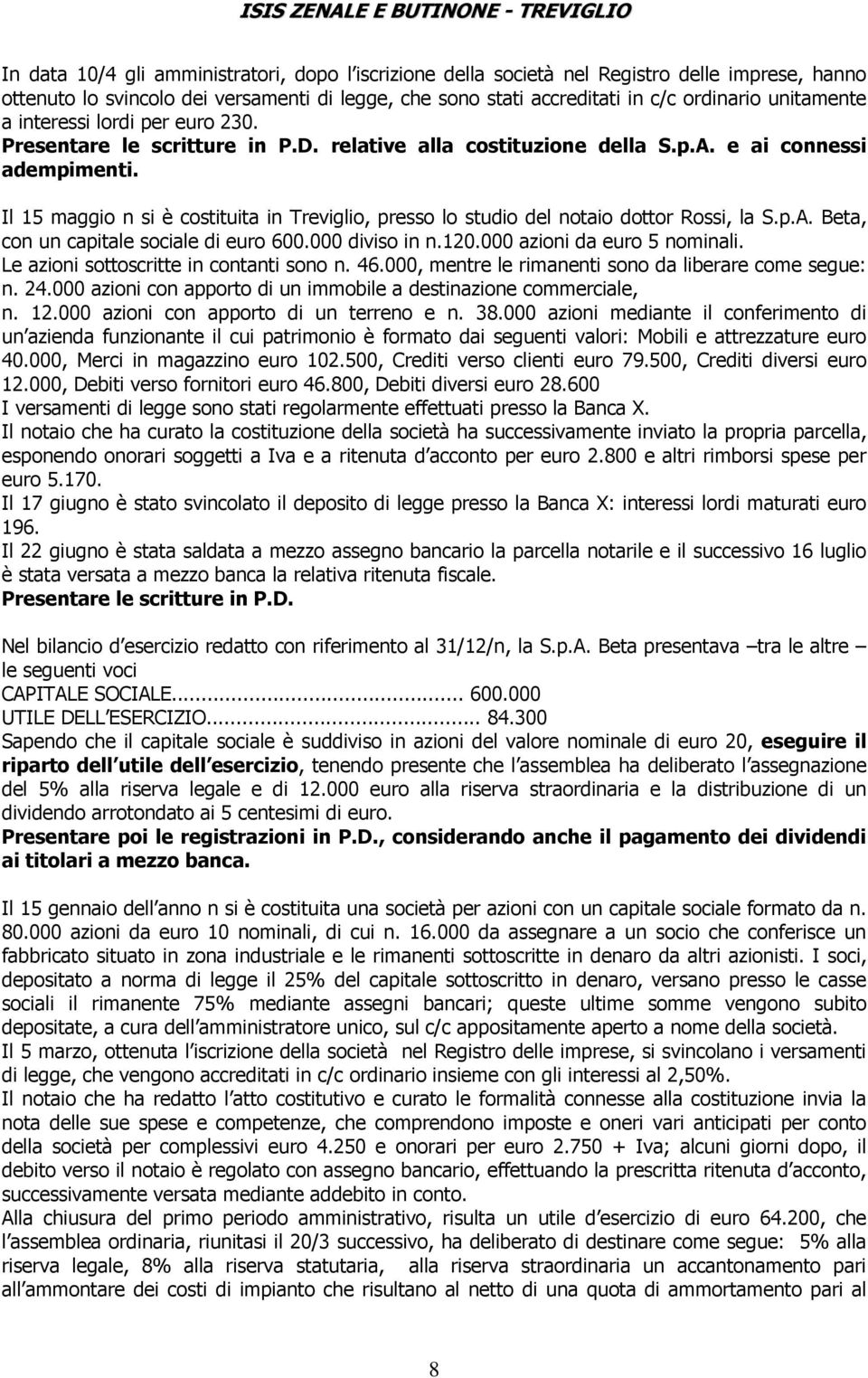 Il 15 maggio n si è costituita in Treviglio, presso lo studio del notaio dottor Rossi, la S.p.A. Beta, con un capitale sociale di euro 600.000 diviso in n.120.000 azioni da euro 5 nominali.