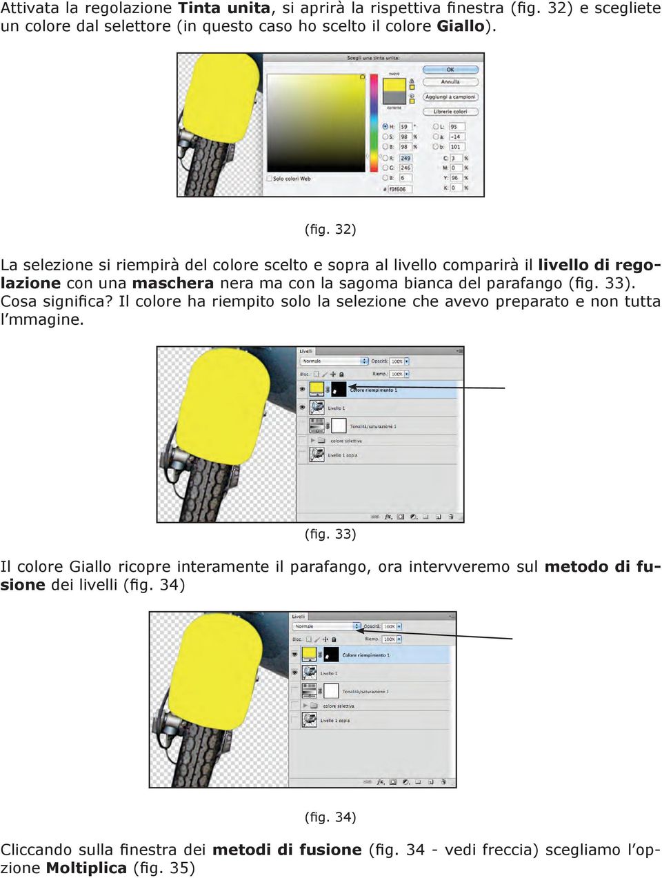 32) La selezione si riempirà del colore scelto e sopra al livello comparirà il livello di regolazione con una maschera nera ma con la sagoma bianca del parafango (fig.