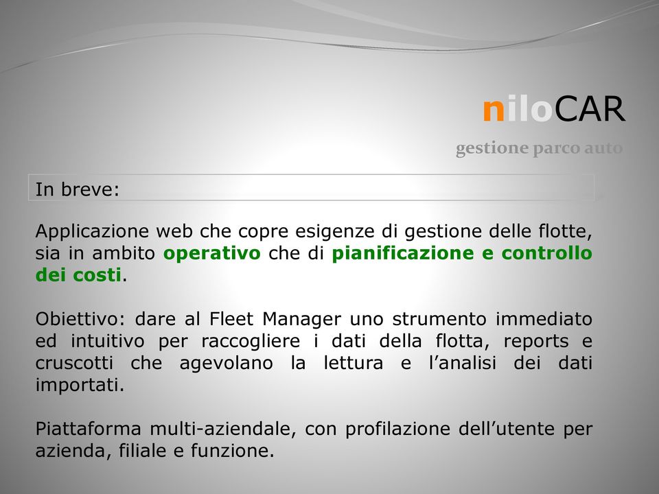 Obiettivo: dare al Fleet Manager uno strumento immediato ed intuitivo per raccogliere i dati della flotta,