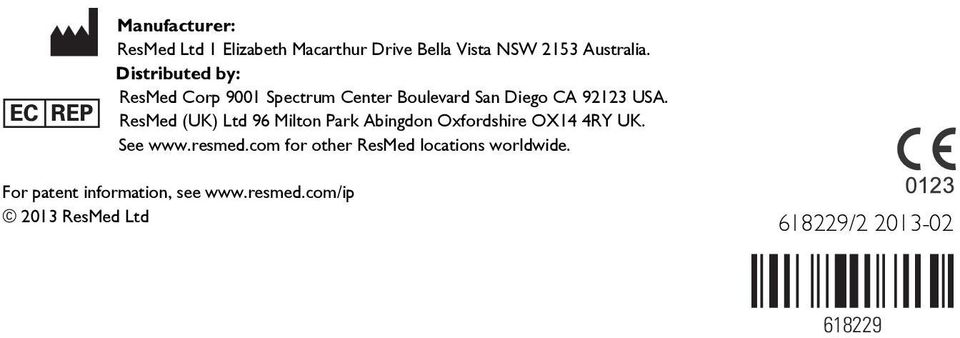 ResMed (UK) Ltd 96 Milton Park Abingdon Oxfordshire OX14 4RY UK. See www.resmed.