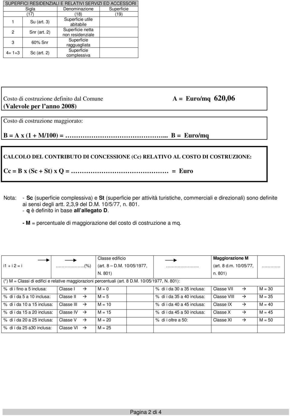 2) Superficie complessiva Costo di costruzione definito dal Comune A = Euro/mq 620,06 (Valevole per l anno 2008) Costo di costruzione maggiorato: B = A x (1 + M/100) =.