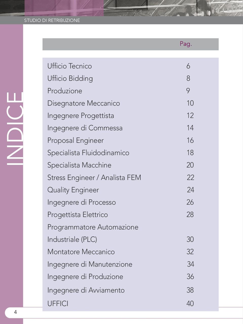 Macchine 20 Stress Engineer / Analista FEM 22 Quality Engineer 24 Ingegnere di Processo 26 Progettista Elettrico 28 Programmatore Automazione Industriale (PLC) 30 Montatore Meccanico 32 Ingegnere di