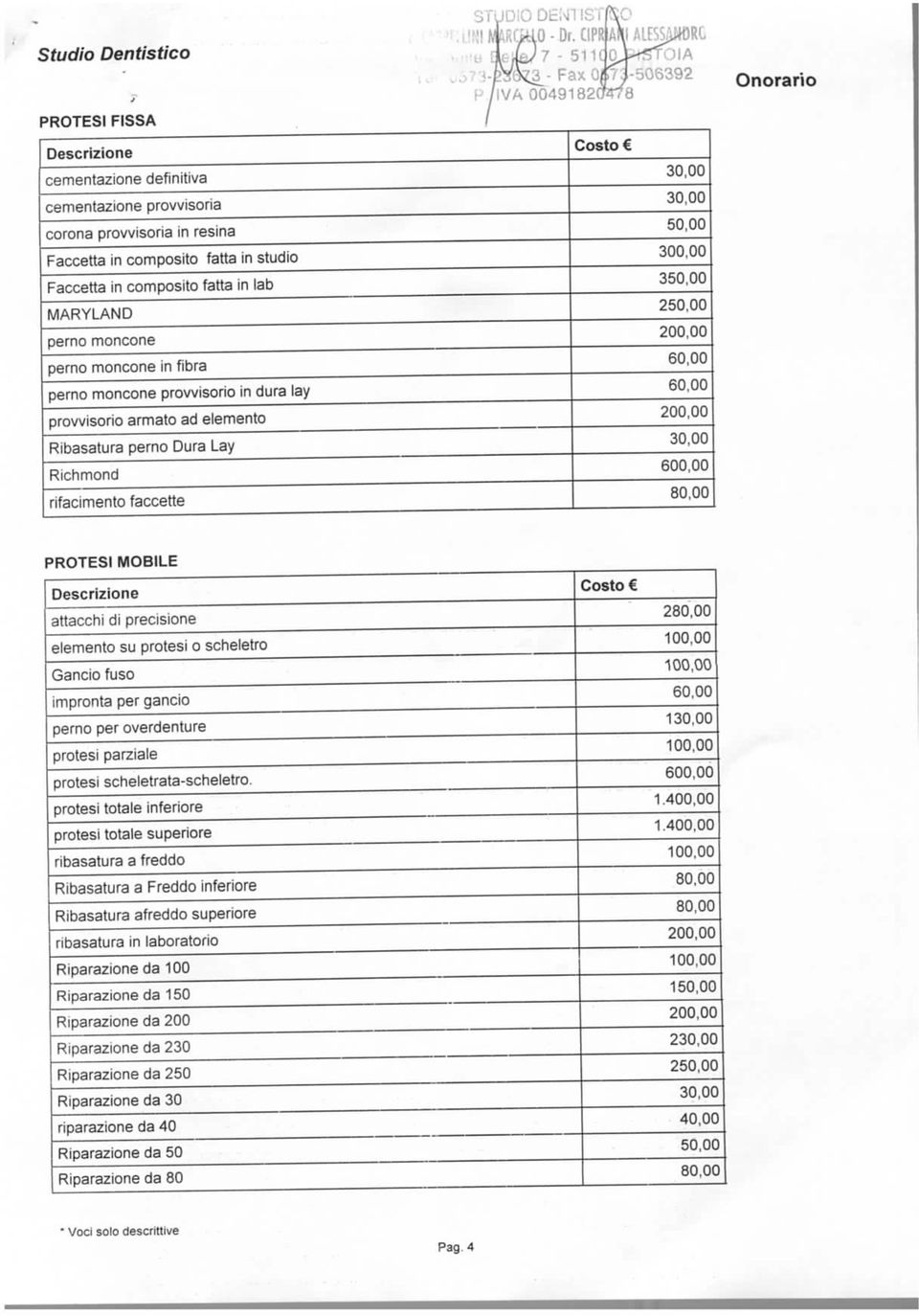 00 pemo moncone in fibra 60,00 perno moncone provvisorio in dura lay 60.00 provvisorio armalo ad elemento 200.00 Ribasalura perno Dura Lay 30.00 Richmond 600.00 rifacimento faccette 80.