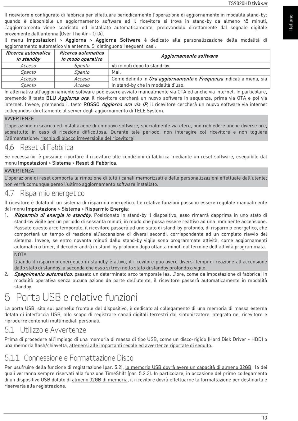 Air - OTA). Il menu Impostazioni > Aggiorna > Aggiorna Software è dedicato alla personalizzazione della modalità di aggiornamento automatico via antenna.