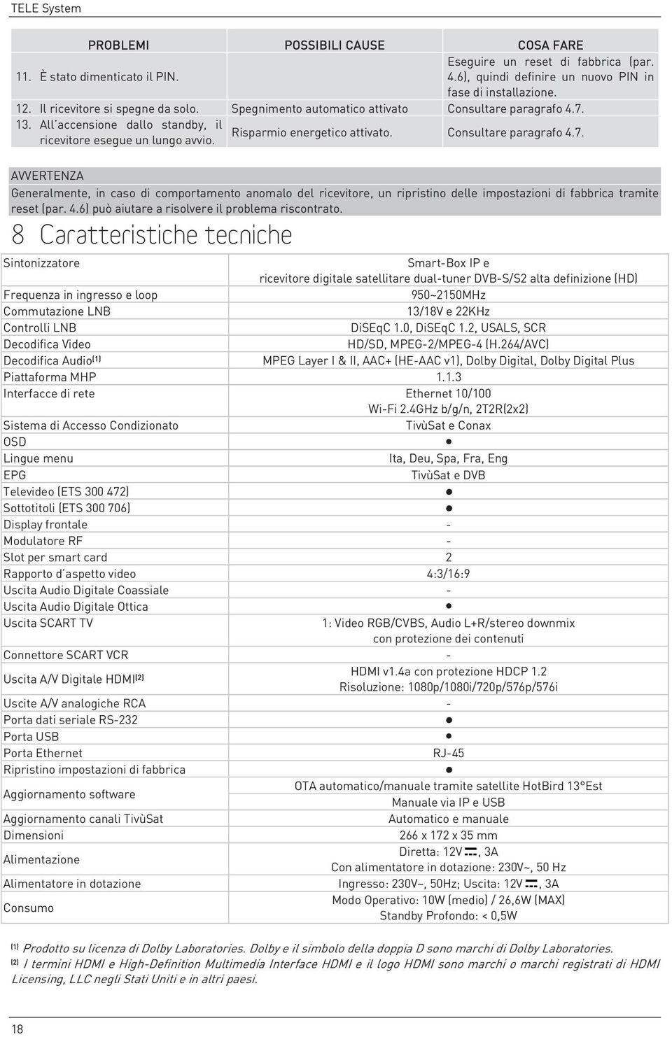 Consultare paragrafo 4.7. AVVERTENZA Generalmente, in caso di comportamento anomalo del ricevitore, un ripristino delle impostazioni di fabbrica tramite reset (par. 4.6) può aiutare a risolvere il problema riscontrato.