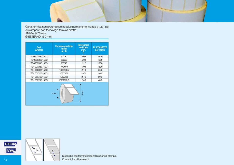 C N ETICHETTE per rotolo TD040X030150C 40X30 3,02 2500 TD050X050150C 50X50 5,03 1500 TD070X045150C 70X45 2,17 1700 TD100X050150C 100X50 5,03