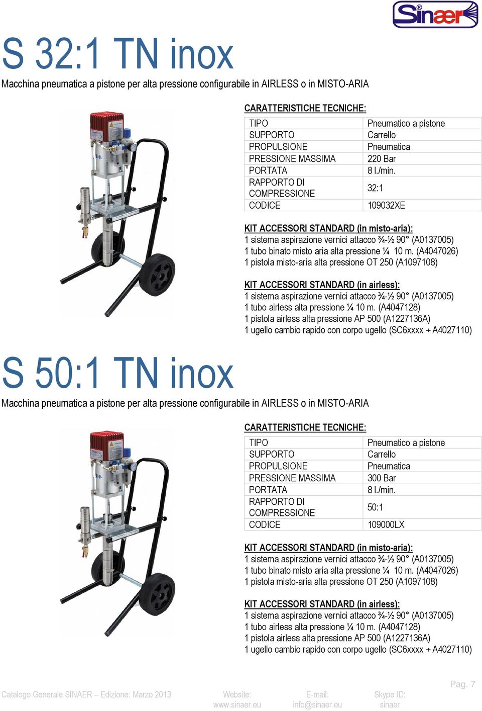 32:1 109032XE KIT ACCESSORI STANDARD (in misto-aria): 1 sistema aspirazione vernici attacco ¾-½ 90 (A0137005) 1 tubo binato misto aria alta pressione ¼ 10 m.