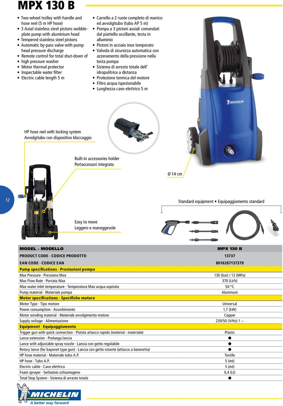 avvolgitubo (tubo AP 5 m) Pompa a 3 pistoni assiali comandati dal piattello oscillante, testa in alluminio Pistoni in acciaio inox temperato Valvola di sicurezza automatica con azzeramento della