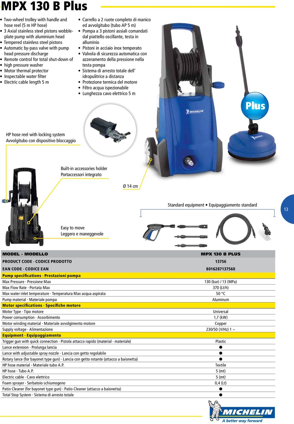 manico ed avvolgitubo (tubo AP 5 m) Pompa a 3 pistoni assiali comandati dal piattello oscillante, testa in alluminio Pistoni in acciaio inox temperato Valvola di sicurezza automatica con azzeramento