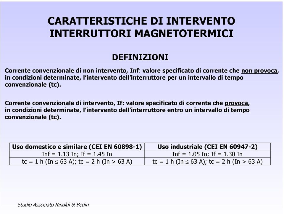 Corrente convenzionale di intervento, If: valore specificato di corrente che provoca, in condizioni determinate, l intervento dell interruttore entro un intervallo di