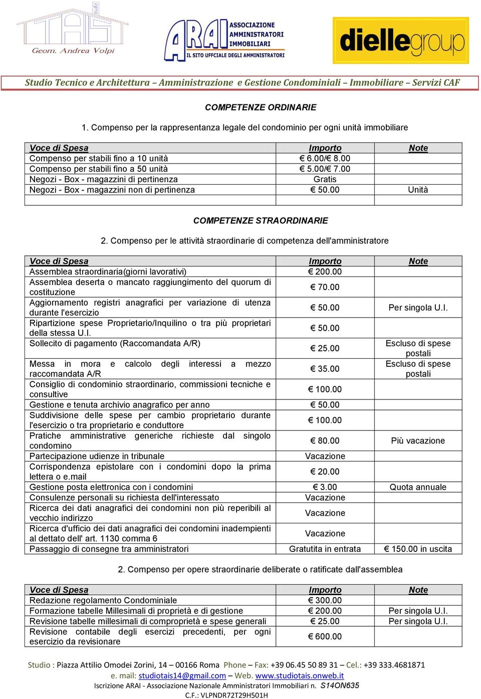 Compenso per le attività straordinarie di competenza dell'amministratore Assemblea straordinaria(giorni lavorativi) 200.00 Assemblea deserta o mancato raggiungimento del quorum di costituzione 70.