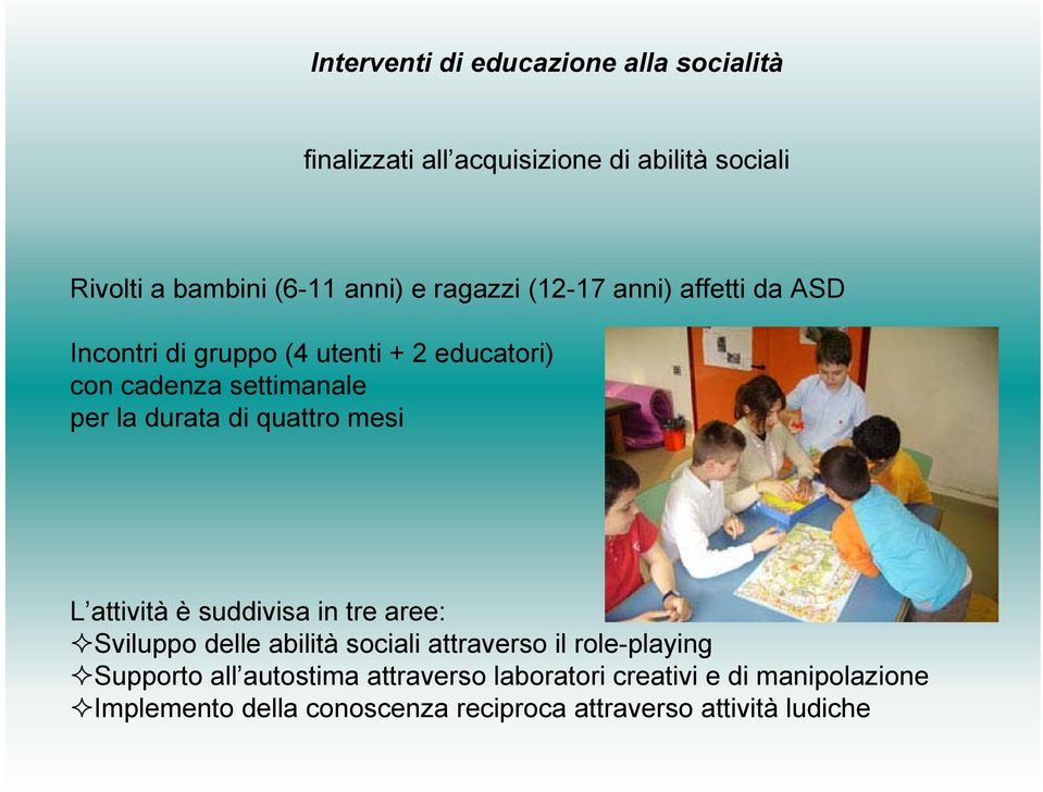 quattro mesi L attività è suddivisa in tre aree: Sviluppo delle abilità sociali attraverso il role-playing Supporto all