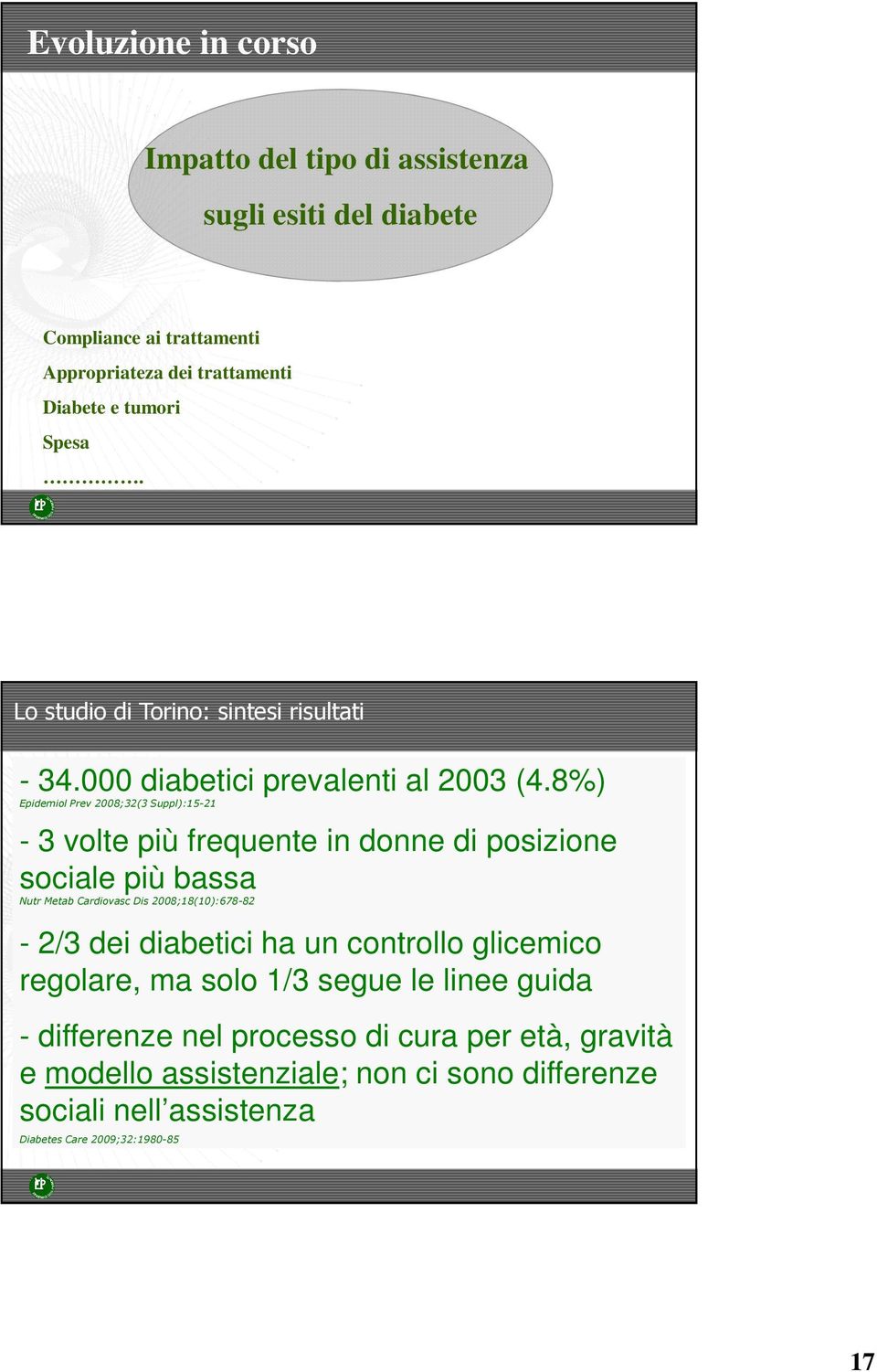 8%) Epidemiol Prev 2008;32(3 Suppl):15-21 - 3 volte più frequente in donne di posizione sociale più bassa Nutr Metab Cardiovasc Dis 2008;18(10):678-82 - 2/3