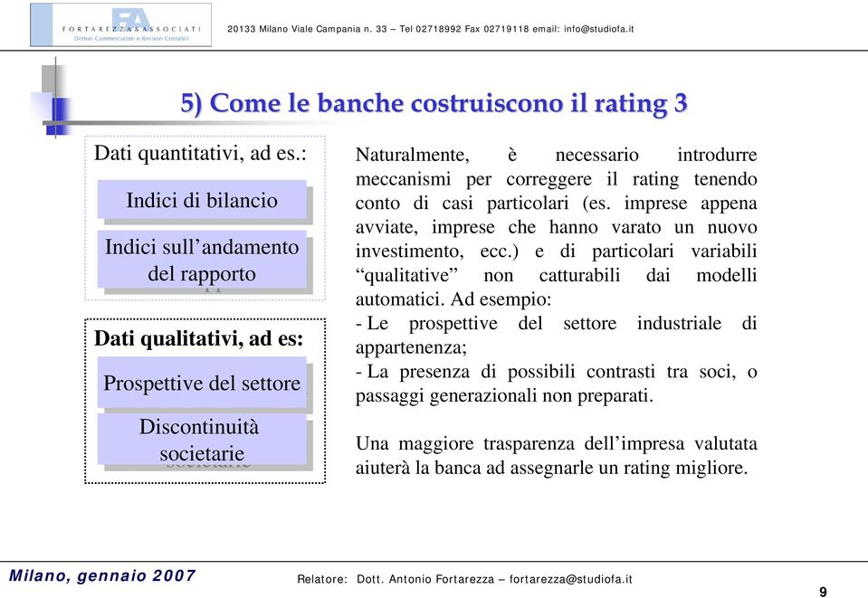 meccanismi per correggere il rating tenendo conto di casi particolari (es. imprese appena avviate, imprese che hanno varato un nuovo investimento, ecc.