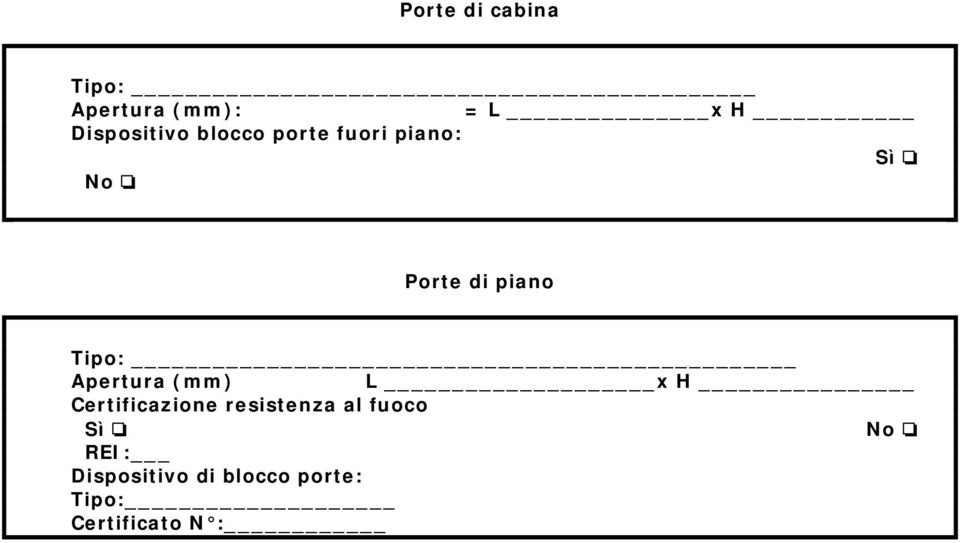 piano Tipo: Apertura (mm) L x H Certificazione