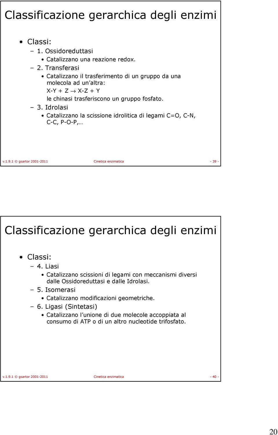Idrolasi Catalizzano la scissione idrolitica di legami C=, C-, C-C, P--P, v.1.9.1 gsartor 2001-2011 Cinetica enzimatica - 39 - Classificazione gerarchica degli enzimi Classi: 4.