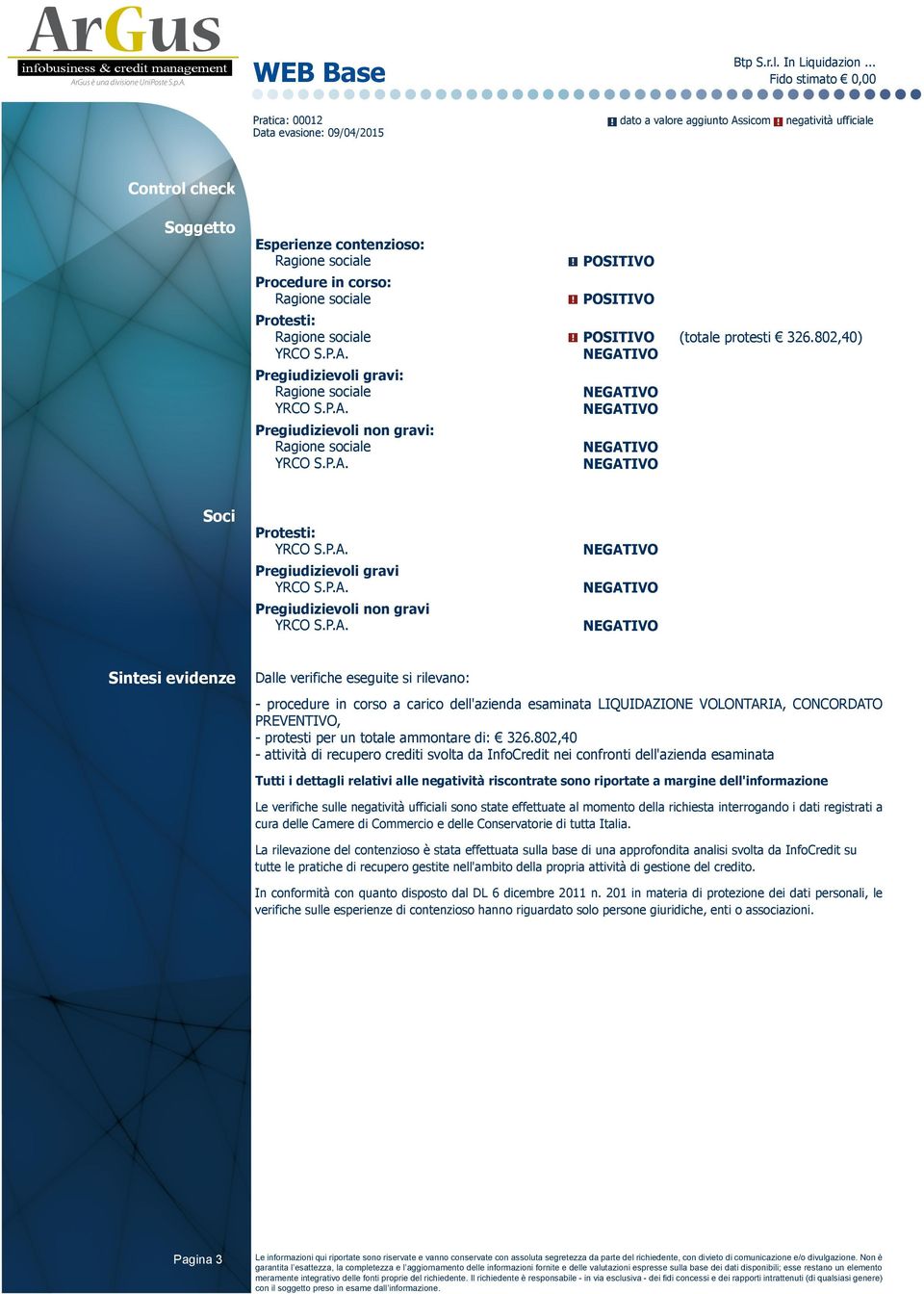 802,40) Pregiudizievoli gravi: Ragione sociale Pregiudizievoli non gravi: Ragione sociale Soci Protesti: Pregiudizievoli gravi Pregiudizievoli non gravi Sintesi evidenze Dalle verifiche eseguite si