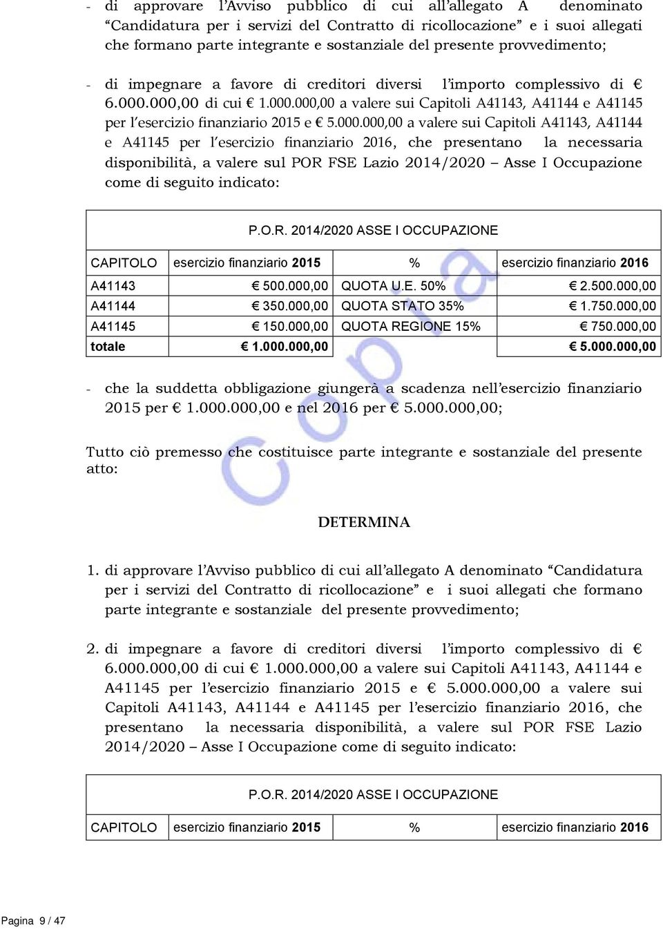 000.000,00 a valere sui Capitoli A41143, A41144 e A41145 per l esercizio finanziario 2016, che presentano la necessaria disponibilità, a valere sul POR FSE Lazio 2014/2020 Asse I Occupazione come di