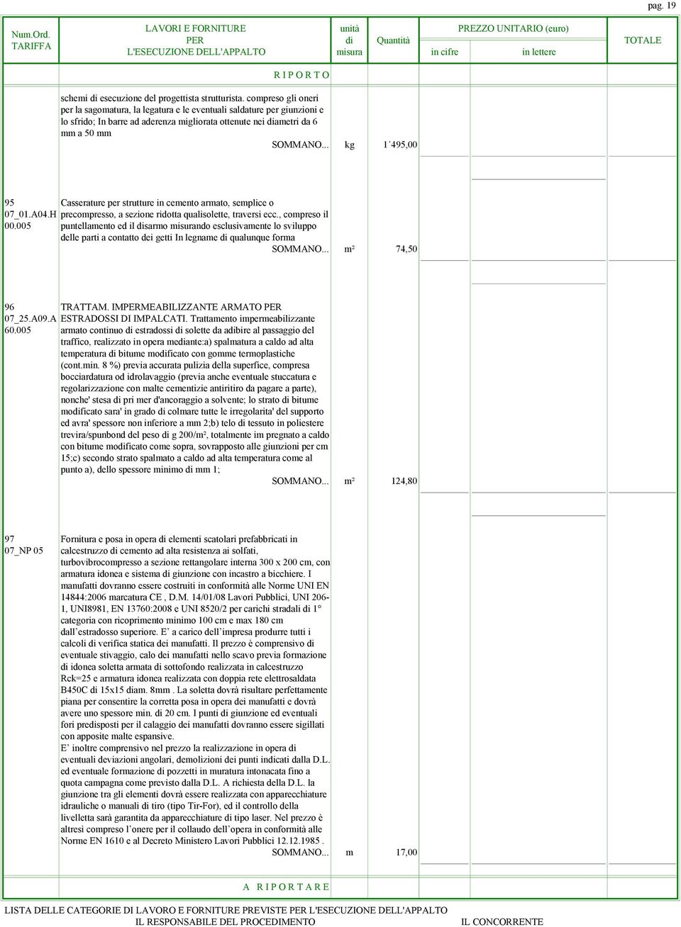 .. kg 1 495,00 95 Casserature per strutture in cemento armato, semplice o 07_01.A04.H precompresso, a sezione ridotta qualisolette, traversi ecc., compreso il 00.