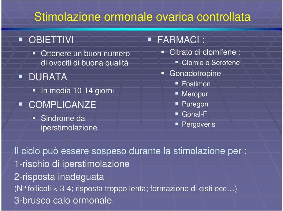 Fostimon Meropur Puregon Gonal-F Pergoveris Il ciclo può essere sospeso durante la stimolazione per : 1-rischio di