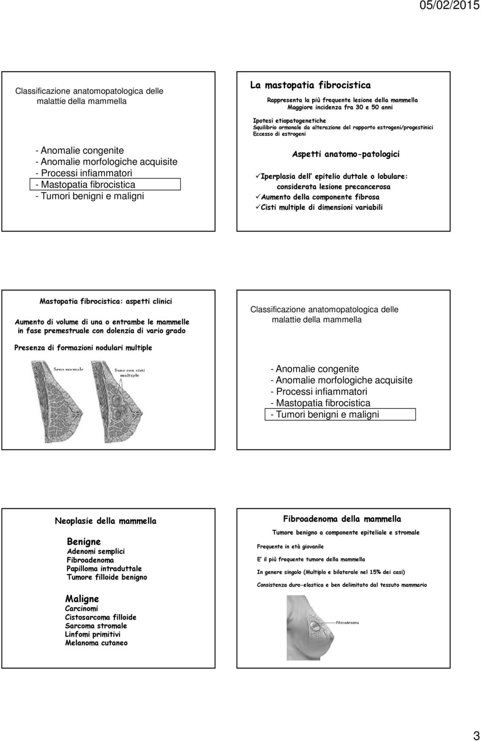 dimensioni variabili Mastopatia fibrocistica: aspetti clinici Aumento di volume di una o entrambe le mammelle in fase premestruale con dolenzia di vario grado Presenza di formazioni nodulari multiple