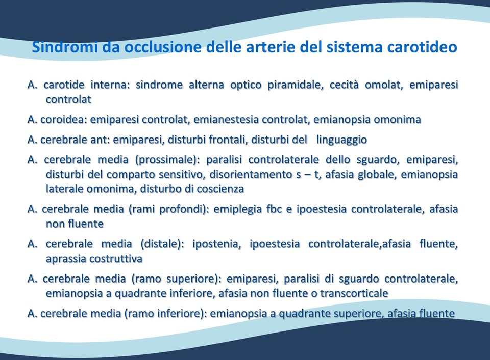 cerebrale media (prossimale): paralisi controlaterale dello sguardo, emiparesi, disturbi del comparto sensitivo, disorientamento s t, afasia globale, emianopsia laterale omonima, disturbo di