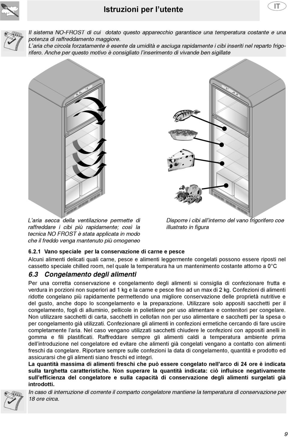 Anche per questo motivo è consigliato l inserimento di vivande ben sigillate L aria secca della ventilazione permette di raffreddare i cibi più rapidamente; così la tecnica NO FROST è stata applicata