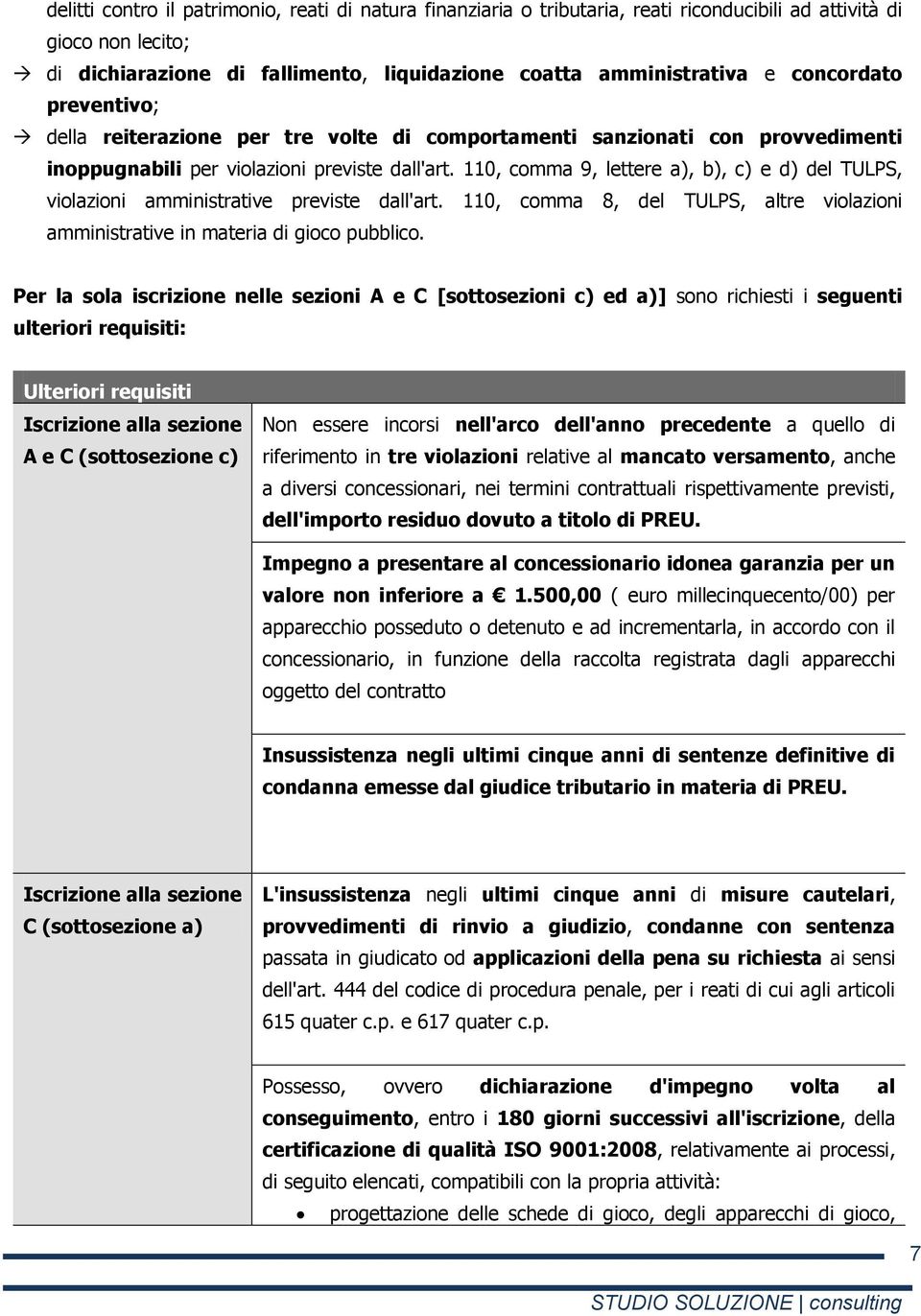 110, comma 9, lettere a), b), c) e d) del TULPS, violazioni amministrative previste dall'art. 110, comma 8, del TULPS, altre violazioni amministrative in materia di gioco pubblico.